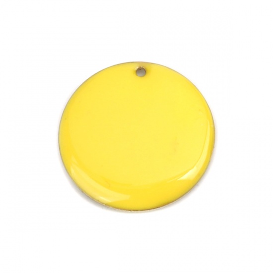 Picture of Brass Enamelled Sequins Charms Gold Plated Yellow Round 25mm Dia., 5 PCs                                                                                                                                                                                      
