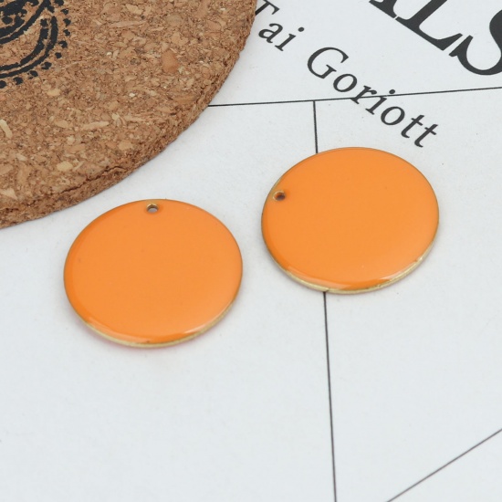 Picture of Brass Enamelled Sequins Charms Gold Plated Orange Round 25mm Dia., 5 PCs                                                                                                                                                                                      