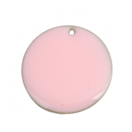 Picture of Brass Enamelled Sequins Charms Gold Plated Pink Round 25mm Dia., 5 PCs                                                                                                                                                                                        