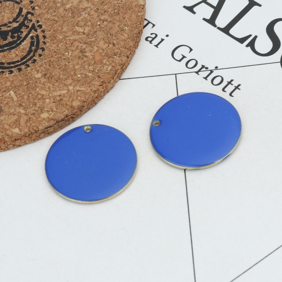 Picture of Brass Enamelled Sequins Charms Gold Plated Royal Blue Round 25mm Dia., 5 PCs                                                                                                                                                                                  