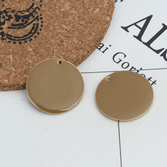 Picture of Brass Enamelled Sequins Charms Gold Plated Coffee Round 25mm Dia., 5 PCs                                                                                                                                                                                      