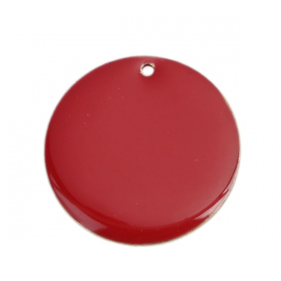 Picture of Brass Enamelled Sequins Charms Gold Plated Red Round 25mm Dia., 5 PCs                                                                                                                                                                                         