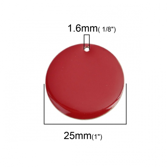 Picture of Brass Enamelled Sequins Charms Gold Plated Red Round 25mm Dia., 5 PCs                                                                                                                                                                                         