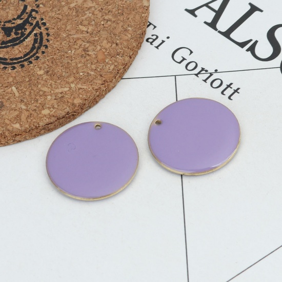 Picture of Brass Enamelled Sequins Charms Gold Plated Purple Round 25mm Dia., 5 PCs                                                                                                                                                                                      