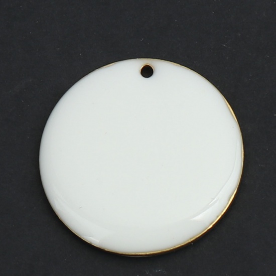 Picture of Brass Enamelled Sequins Charms Gold Plated White Round 25mm Dia., 5 PCs                                                                                                                                                                                       