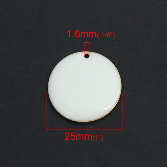 Picture of Brass Enamelled Sequins Charms Gold Plated White Round 25mm Dia., 5 PCs                                                                                                                                                                                       