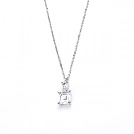 Picture of Stainless Steel & Copper & Glass Necklace Silver Tone Square Drop Clear Rhinestone 45cm(17 6/8") long, 1 Piece