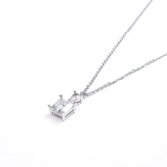 Picture of Stainless Steel & Copper & Glass Necklace Silver Tone Square Drop Clear Rhinestone 45cm(17 6/8") long, 1 Piece