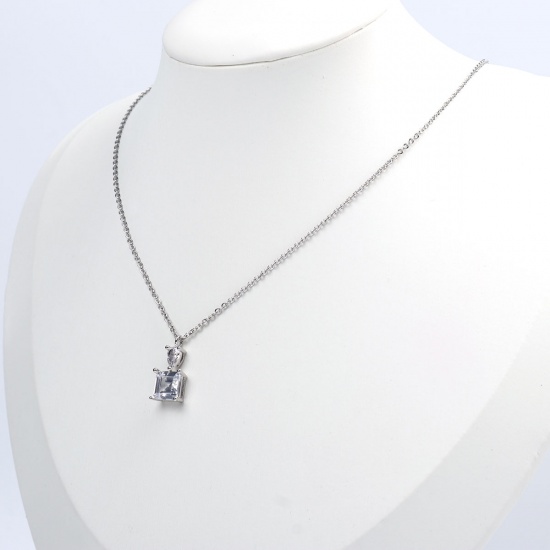 Picture of Stainless Steel & Copper & Glass Necklace Silver Tone Square Drop Clear Rhinestone 45cm(17 6/8") long, 1 Piece