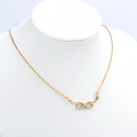 Picture of Stainless Steel & Copper Necklace Gold Plated Arc Arrow Clear Cubic Zirconia 48cm(18 7/8") long, 1 Piece