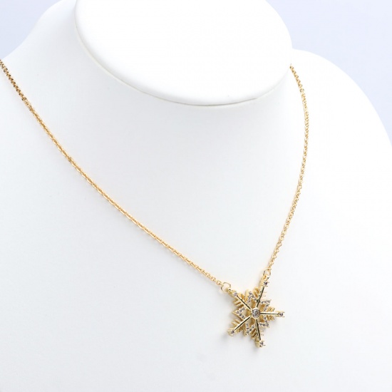 Picture of Stainless Steel & Copper Necklace Gold Plated Christmas Snowflake Clear Cubic Zirconia 46cm(18 1/8") long, 1 Piece