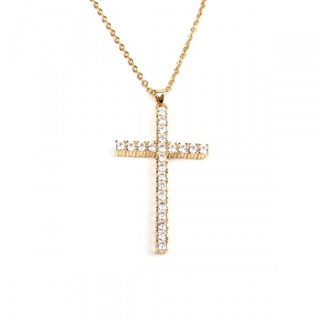 Picture of Stainless Steel & Copper Religious Necklace Gold Plated Cross Clear Cubic Zirconia 45cm(17 6/8") long, 1 Piece