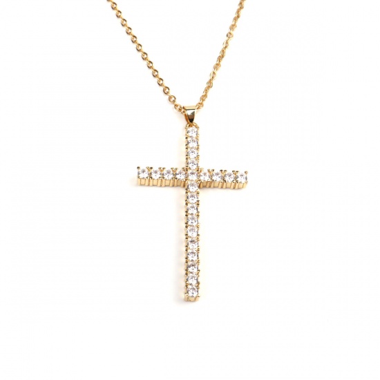 Immagine di Acciaio Inossidabile & Rame Religione Collana Oro Placcato Croce Trasparente Cubic Zirconia 45cm Lunghezza, 1 Pz
