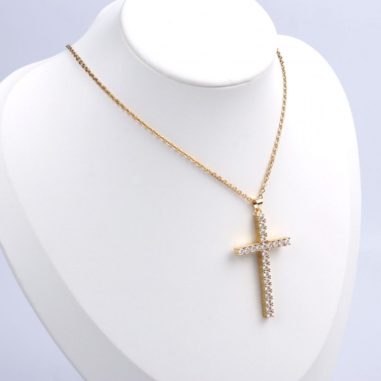 Picture of Stainless Steel & Copper Religious Necklace Gold Plated Cross Clear Cubic Zirconia 45cm(17 6/8") long, 1 Piece