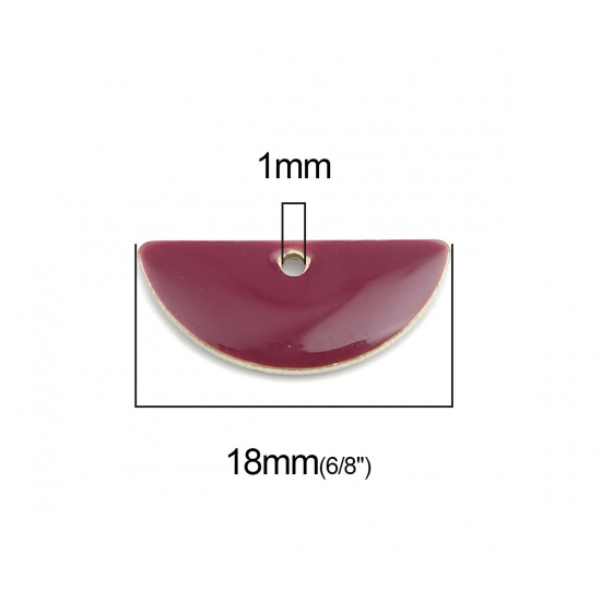 Picture of Brass Enamelled Sequins Charms Gold Plated Wine Red Half Round 18mm x 8mm, 10 PCs                                                                                                                                                                             