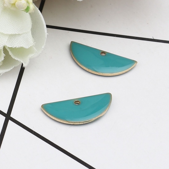 Picture of Brass Enamelled Sequins Charms Gold Plated Lake Blue Half Round 18mm x 8mm, 10 PCs                                                                                                                                                                            