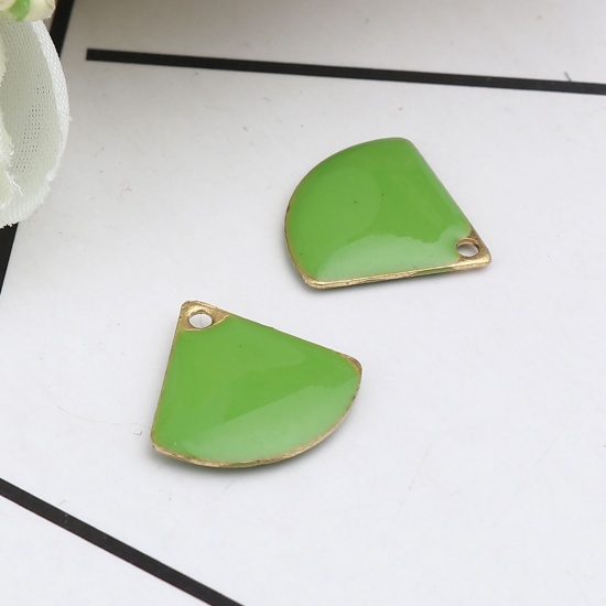 Picture of Brass Enamelled Sequins Charms Gold Plated Fruit Green Fan-shaped 13mm x 12mm, 10 PCs                                                                                                                                                                         