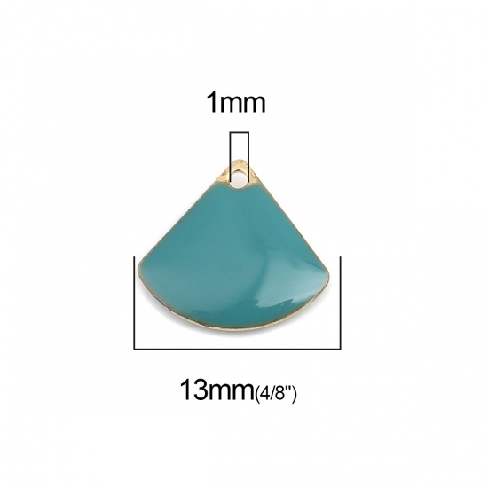 Picture of Copper Enamelled Sequins Charms Gold Plated Lake Blue Fan-shaped 13mm x 12mm, 10 PCs