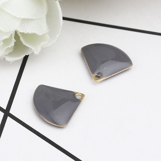 Picture of Copper Enamelled Sequins Charms Gold Plated Gray Fan-shaped 13mm x 12mm, 10 PCs