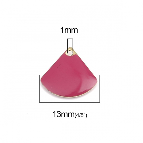 Picture of Copper Enamelled Sequins Charms Gold Plated Fuchsia Fan-shaped 13mm x 12mm, 10 PCs