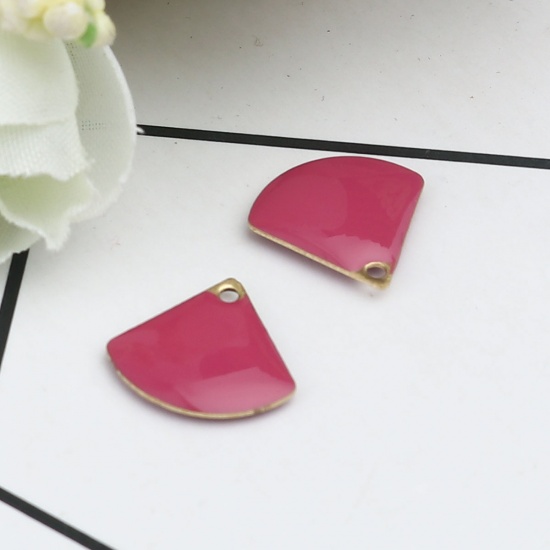 Picture of Brass Enamelled Sequins Charms Gold Plated Fuchsia Fan-shaped 13mm x 12mm, 10 PCs                                                                                                                                                                             