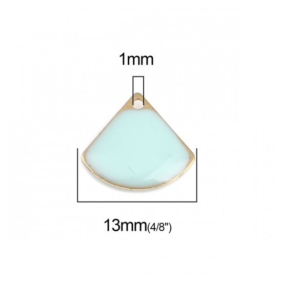 Picture of Brass Enamelled Sequins Charms Gold Plated Mint Green Fan-shaped 13mm x 12mm, 10 PCs                                                                                                                                                                          