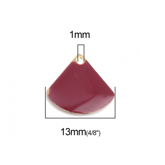 Picture of Copper Enamelled Sequins Charms Gold Plated Wine Red Fan-shaped 13mm x 12mm, 10 PCs