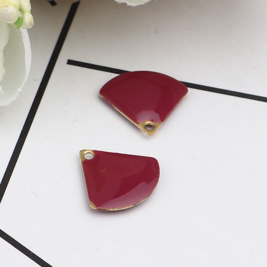 Picture of Copper Enamelled Sequins Charms Gold Plated Wine Red Fan-shaped 13mm x 12mm, 10 PCs