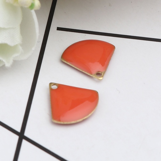 Picture of Brass Enamelled Sequins Charms Gold Plated Orange Fan-shaped 13mm x 12mm, 10 PCs                                                                                                                                                                              