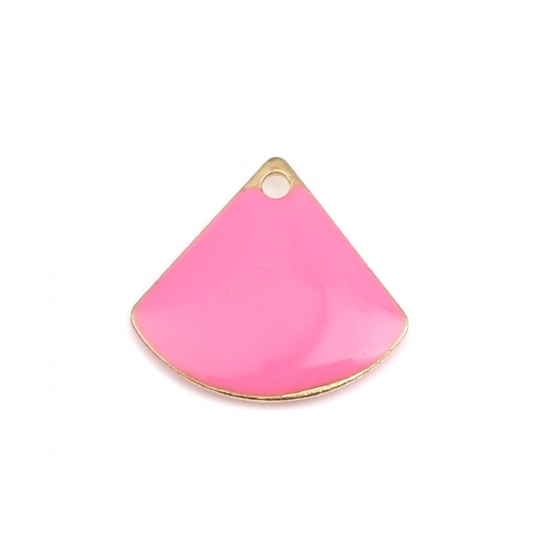 Picture of Brass Enamelled Sequins Charms Gold Plated Neon Pink Fan-shaped 13mm x 12mm, 10 PCs                                                                                                                                                                           