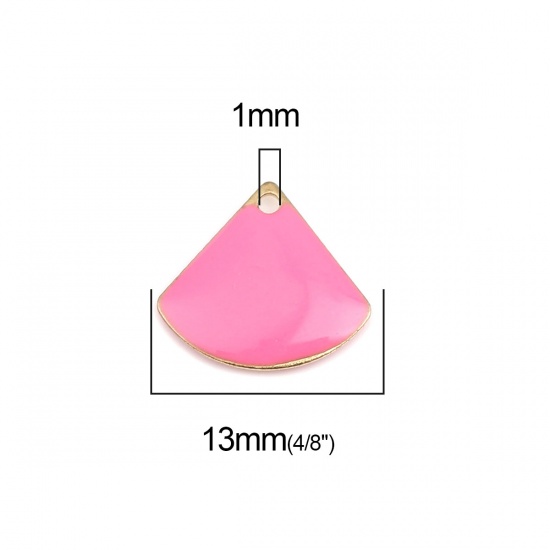 Picture of Copper Enamelled Sequins Charms Gold Plated Neon Pink Fan-shaped 13mm x 12mm, 10 PCs