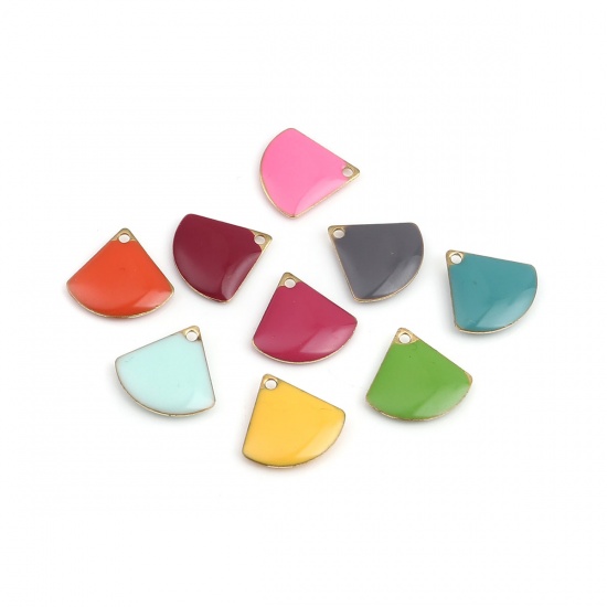 Picture of Copper Enamelled Sequins Charms Gold Plated Neon Pink Fan-shaped 13mm x 12mm, 10 PCs
