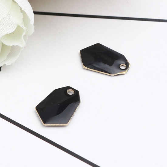 Image de Breloques Sequins Emaillés Double Face en Laiton Polygone Doré Noir 13mm x 9mm, 10 Pcs