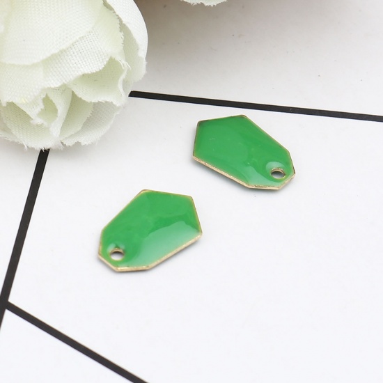 Image de Breloques Sequins Emaillés Double Face en Laiton Polygone Doré Vert 13mm x 9mm, 10 Pcs