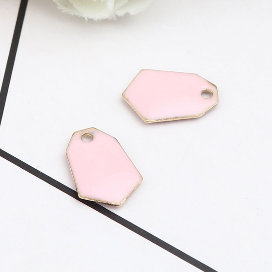 Image de Breloques Sequins Emaillés Double Face en Laiton Polygone Doré Rose Clair 13mm x 9mm, 10 Pcs