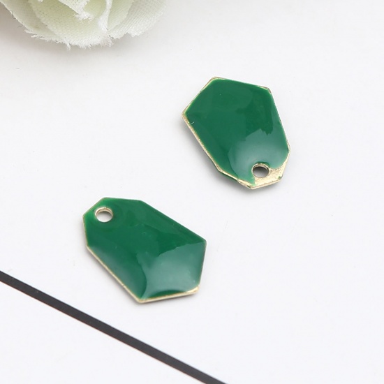 Image de Breloques Sequins Emaillés Double Face en Laiton Polygone Doré Vert Foncé 13mm x 9mm, 10 Pcs