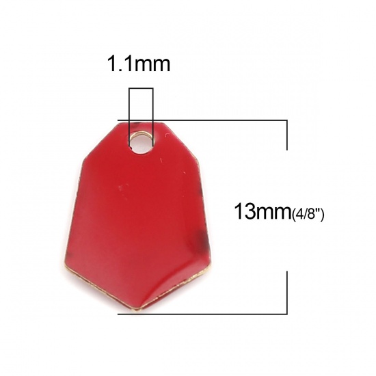 Image de Breloques Sequins Emaillés Double Face en Laiton Polygone Doré Rouge 13mm x 9mm, 10 Pcs