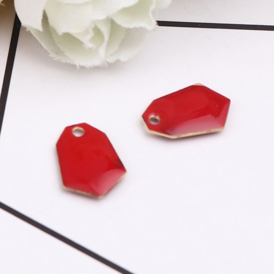 Image de Breloques Sequins Emaillés Double Face en Laiton Polygone Doré Rouge 13mm x 9mm, 10 Pcs