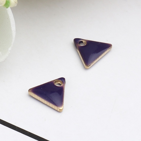 Picture of Brass Enamelled Sequins Charms Gold Plated Dark Purple Triangle 8mm x 7mm, 10 PCs                                                                                                                                                                             