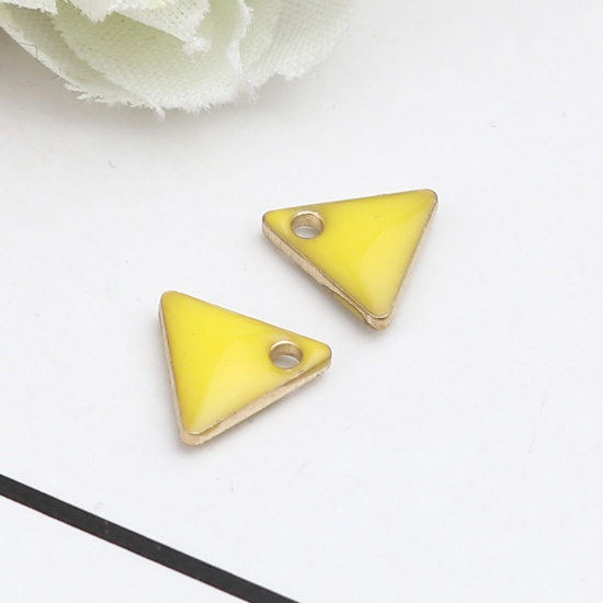 Picture of Brass Enamelled Sequins Charms Gold Plated Lemon Yellow Triangle 8mm x 7mm, 10 PCs                                                                                                                                                                            