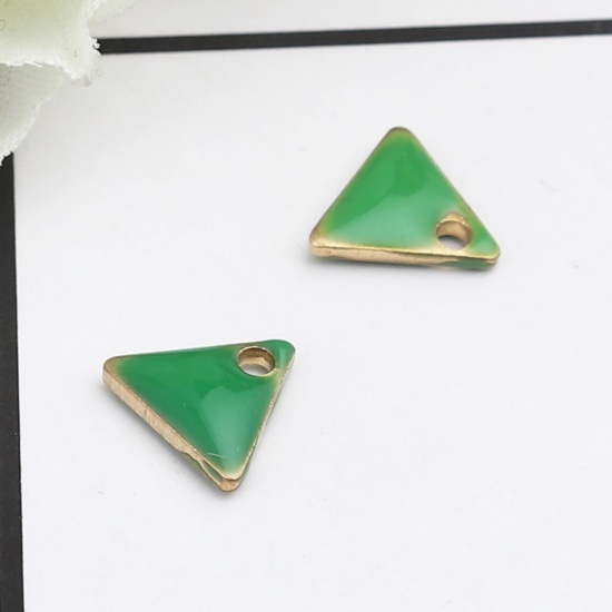 Picture of Brass Enamelled Sequins Charms Gold Plated Grass Green Triangle 8mm x 7mm, 10 PCs                                                                                                                                                                             