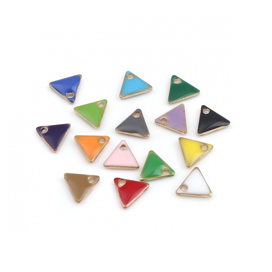 Picture of Brass Enamelled Sequins Charms Gold Plated Grass Green Triangle 8mm x 7mm, 10 PCs                                                                                                                                                                             