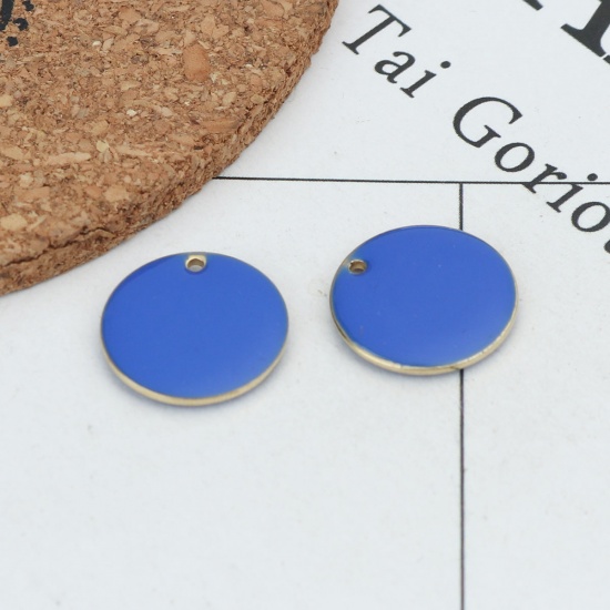 Picture of Brass Enamelled Sequins Charms Gold Plated Royal Blue Round 16mm Dia., 10 PCs                                                                                                                                                                                 