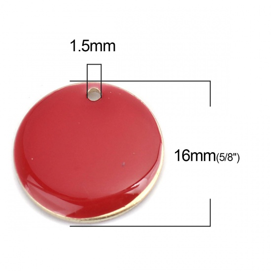 Picture of Brass Enamelled Sequins Charms Gold Plated Red Round 16mm Dia., 10 PCs                                                                                                                                                                                        