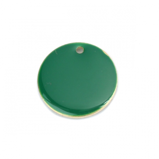 Picture of Brass Enamelled Sequins Charms Gold Plated Dark Green Round 16mm Dia., 10 PCs                                                                                                                                                                                 