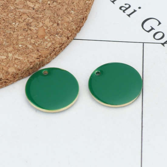 Picture of Brass Enamelled Sequins Charms Gold Plated Dark Green Round 16mm Dia., 10 PCs                                                                                                                                                                                 