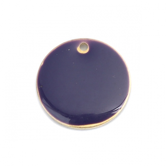 Picture of Brass Enamelled Sequins Charms Gold Plated Dark Purple Round 16mm Dia., 10 PCs                                                                                                                                                                                