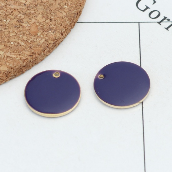 Picture of Brass Enamelled Sequins Charms Gold Plated Dark Purple Round 16mm Dia., 10 PCs                                                                                                                                                                                