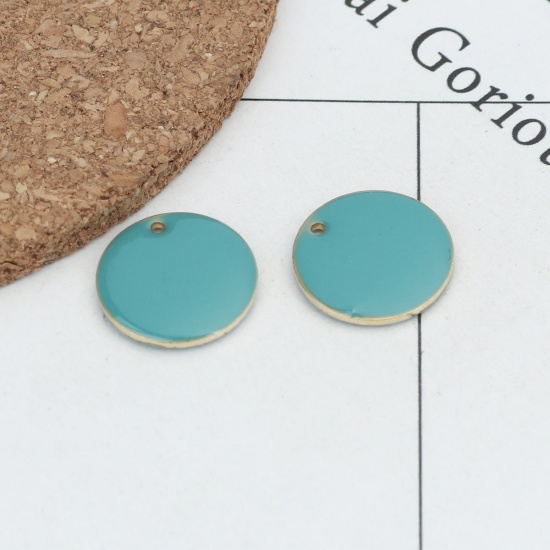 Picture of Brass Enamelled Sequins Charms Gold Plated Lake Blue Round 16mm Dia., 10 PCs                                                                                                                                                                                  