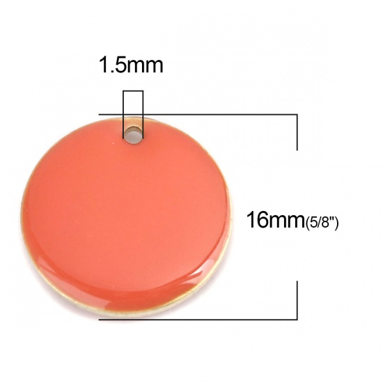 Picture of Brass Enamelled Sequins Charms Gold Plated Orange-red Round 16mm Dia., 10 PCs                                                                                                                                                                                 
